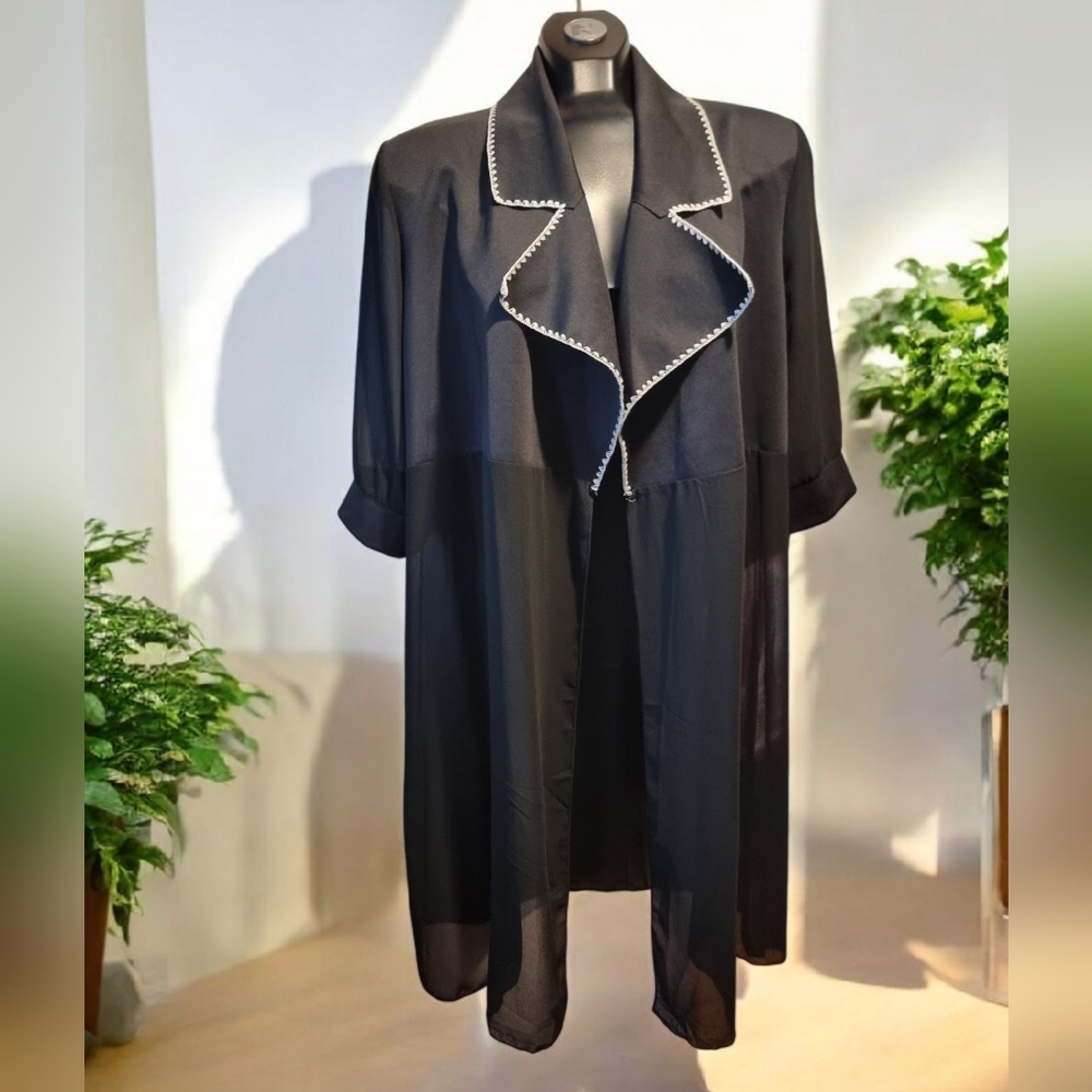 Lady Chiffon Cardigan Open Front Blazer Duster Jacket White Trim Half Sleeve
